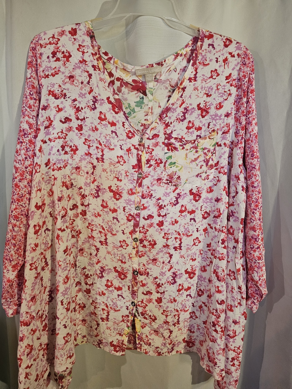 Woman Within White and Pink Floral V-Neck Button Front Blouse